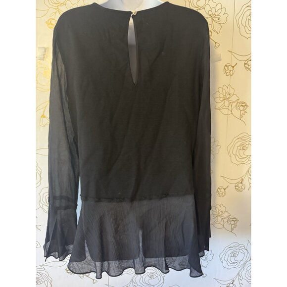 Theory Top Blouse Size Medium Black Idol Bell Sleeve Peplum Wool Silk Trim 077 - Picture 5 of 7